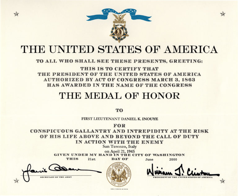 Medal of Honor certificate | Daniel K. Inouye Institute